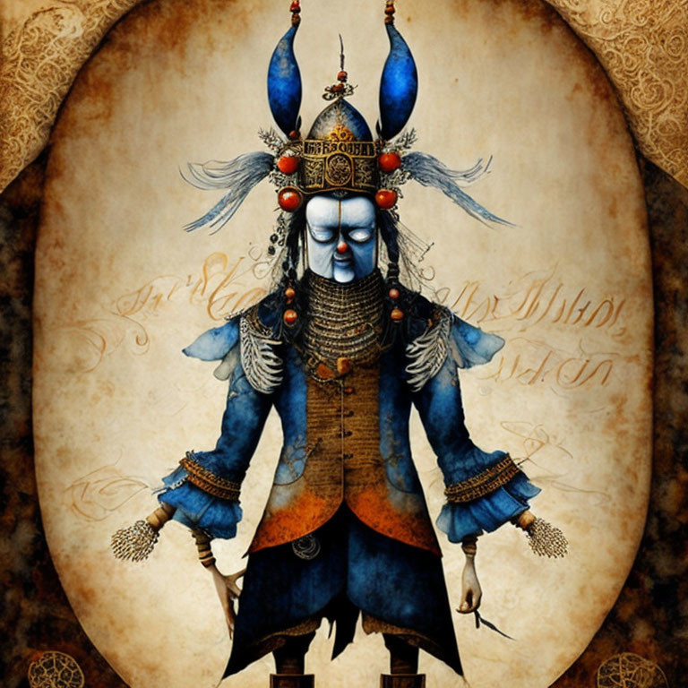 Blue-skinned character in ornate attire against script background