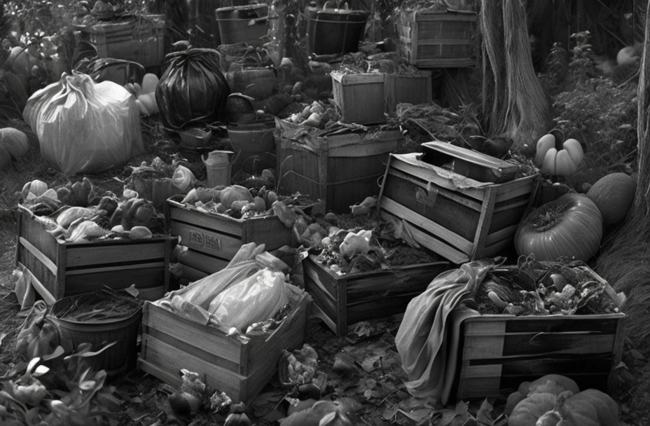 Monochrome image of fruits and vegetables in crates and bags