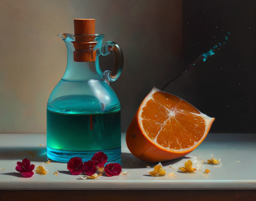 Still Life Painting with Glass Pitcher, Orange, Petals, and Dynamic Splash Effect