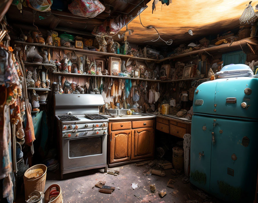 Cluttered vintage kitchen with retro appliances and crowded shelves