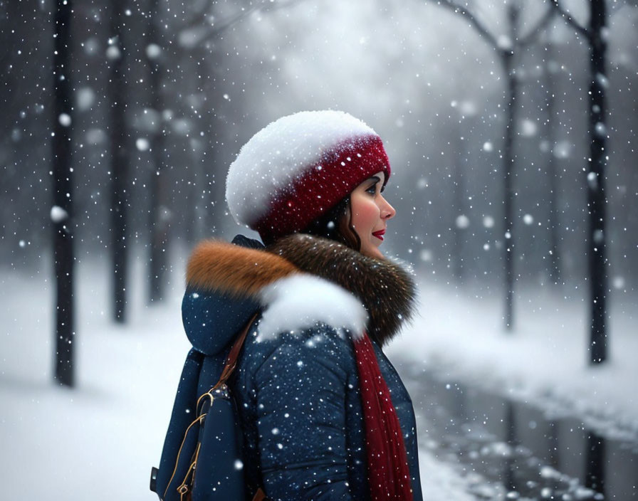 Woman in Red Hat Standing in Snowy Park