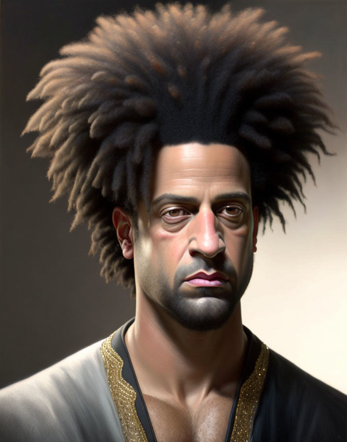 Portrait of a man with afro hairstyle and intense gaze in black and gold attire