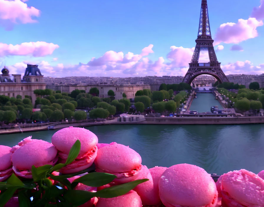 Parisian skyline featuring pink macarons and purple sky