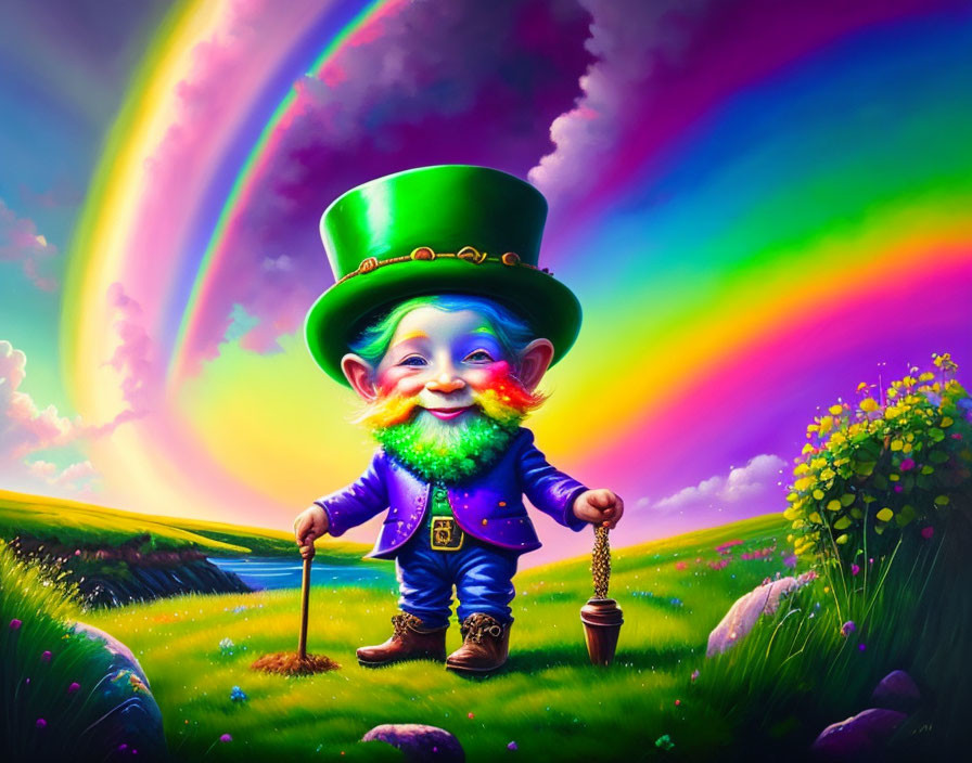 Colorful Leprechaun in Green Hat and Suit in Meadow with Rainbow