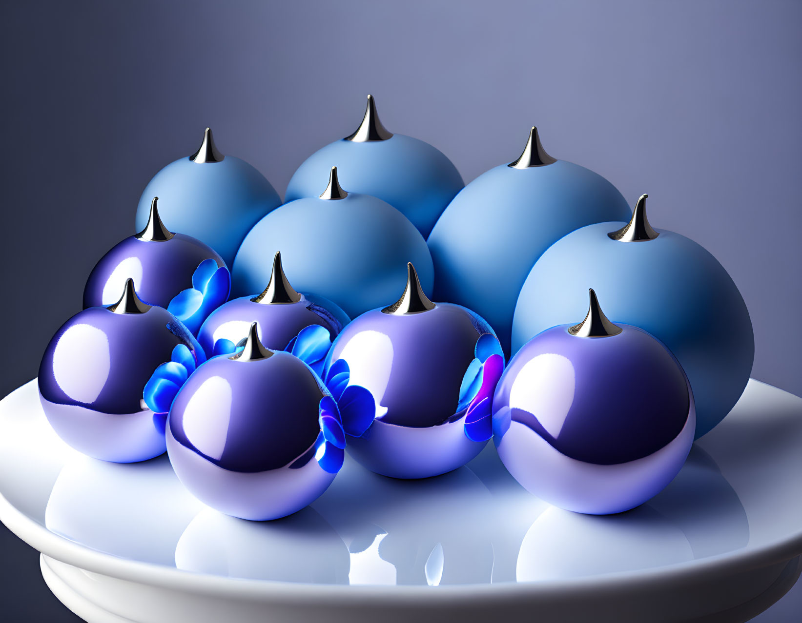 Shiny Blue and Purple Spherical Ornaments on White Surface