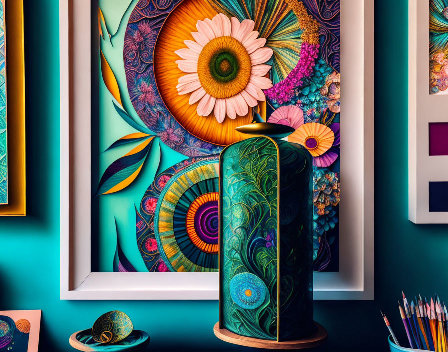 Colorful floral artwork with teal vase in vibrant art space