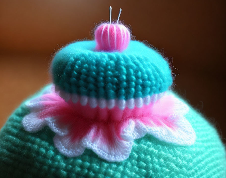 Turquoise Handcrafted Pincushion with Pink Top and Crochet Flower Accents