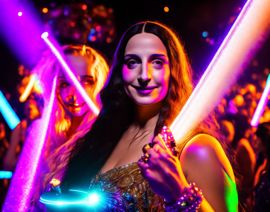 Colorful club scene: Two women with glowing sticks, vibrant lights, and blurry crowd.