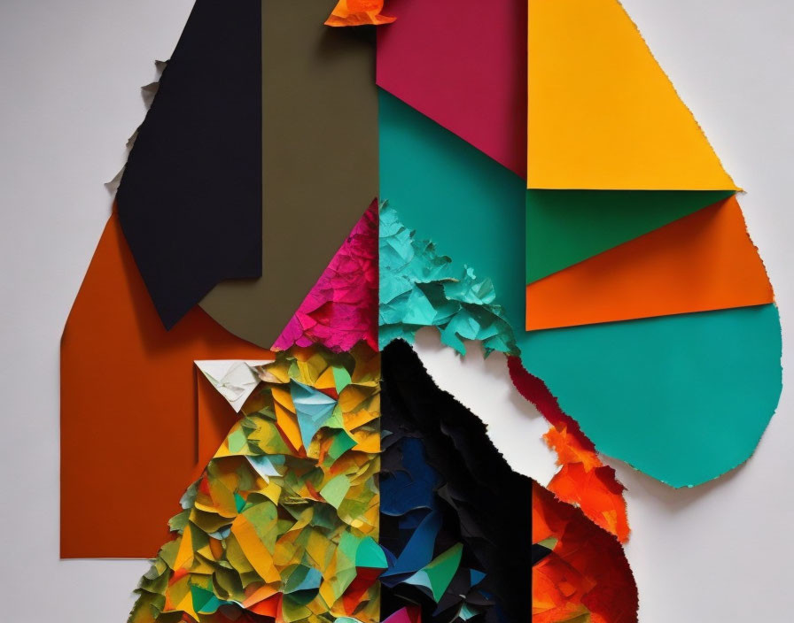 Vibrant paper art installation with colorful shapes and textures