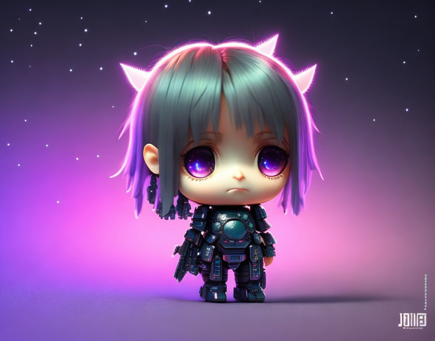 Chibi-style character in futuristic armor with purple eyes on starry background