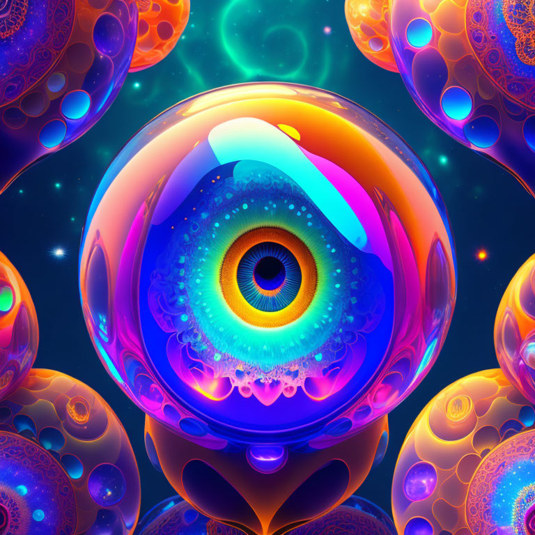 Colorful digital artwork: central eye, multicolored orbs, starry space.