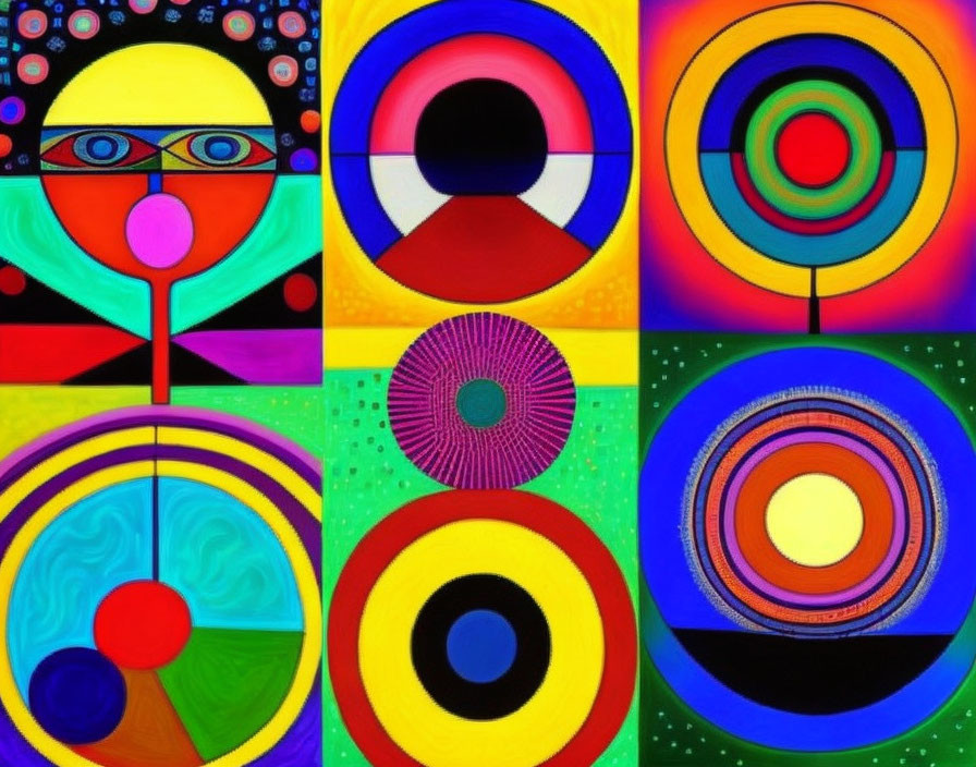 Abstract geometric patterns with circles, dots, and lines in bold colors