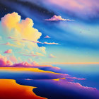 Colorful sunset painting with orange, blue, and purple hues over serene coastline