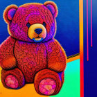 Colorful Teddy Bear Illustration on Blue Background with Abstract Stripes