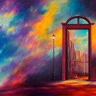 Ornate open door in surreal landscape with vibrant sunset and crescent moon