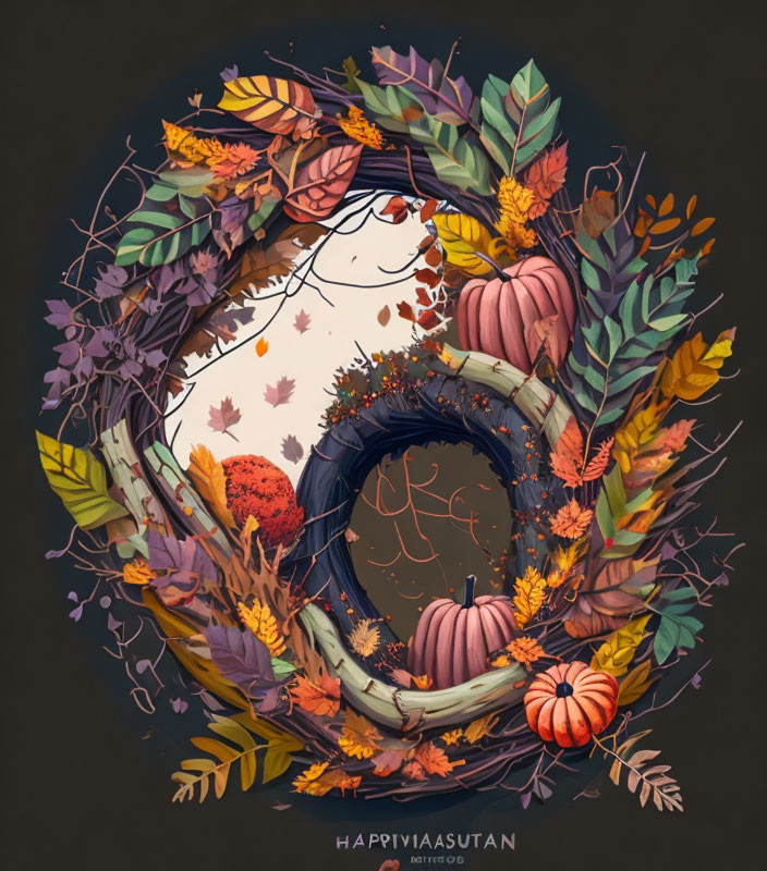 Autumn-themed illustration with sleeping fox, pumpkins, colorful leaves & "Happy Autumn" text