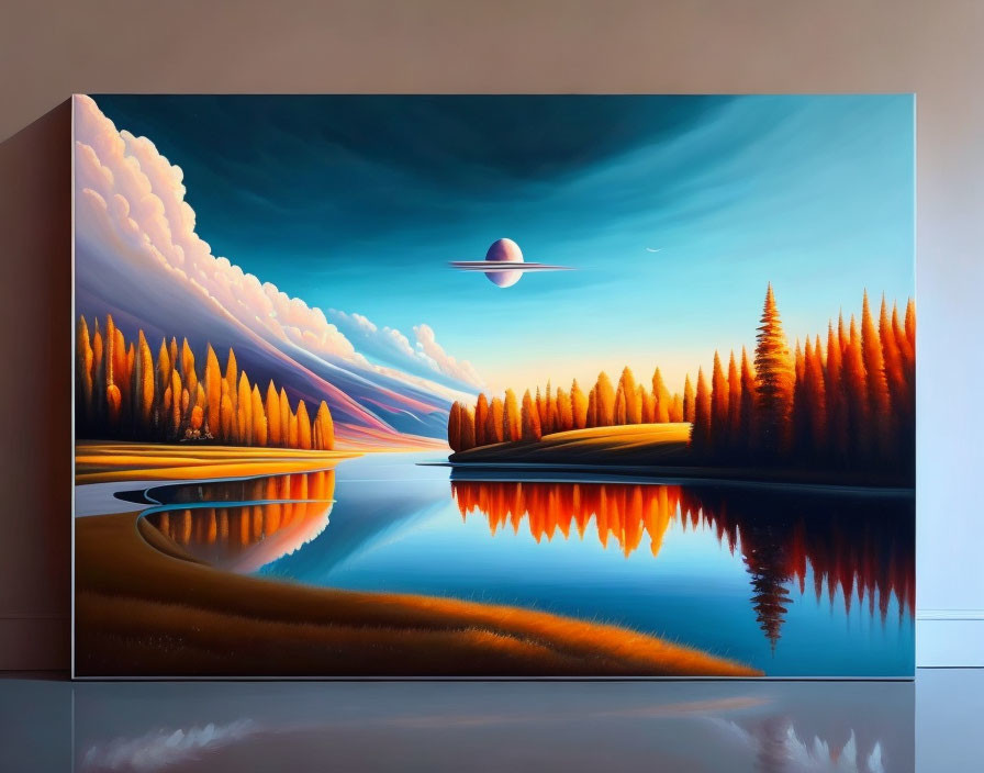 Serene landscape painting with orange and blue sky, reflecting river, silhouetted trees, and