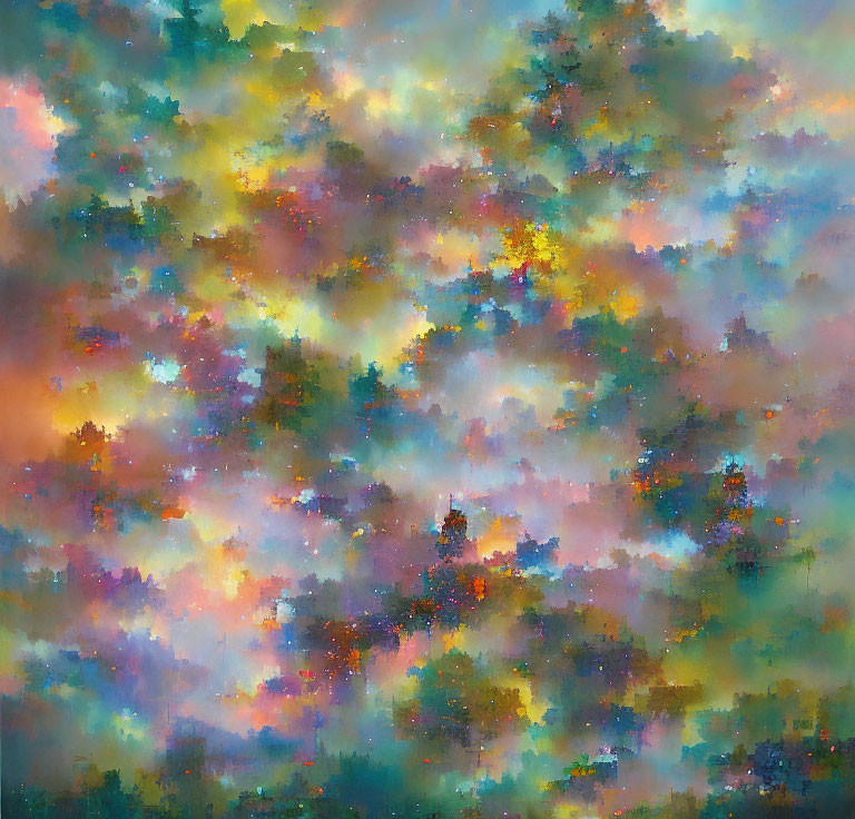 Colorful Abstract Art: Bright Pastel Blend of Cosmic Nebula and Blooming Garden