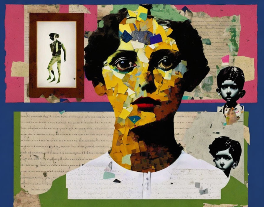 Collage featuring mosaic portrait of woman with cut-outs and handwritten text