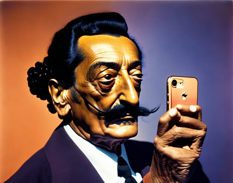 Exaggerated man caricature with large nose and mustache taking selfie