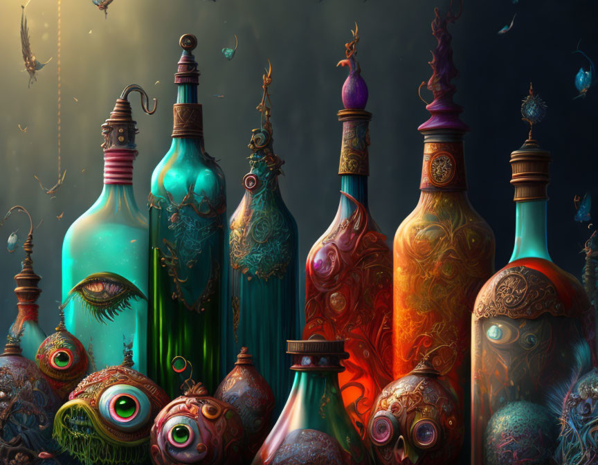 Colorful ornate bottles with floating eyes in dark magical setting