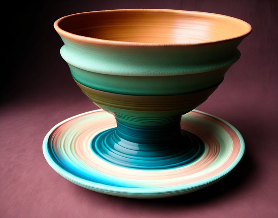 Colorful Ceramic Bowl and Plate with Swirling Patterns on Maroon Background