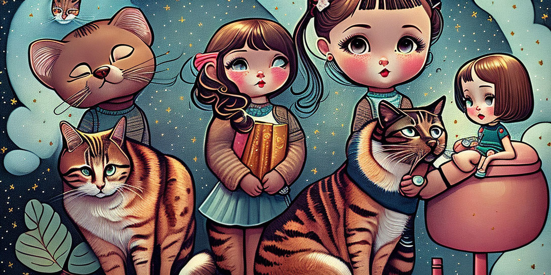 Colorful Illustration of Stylized Girls and Cats with Celestial Motifs