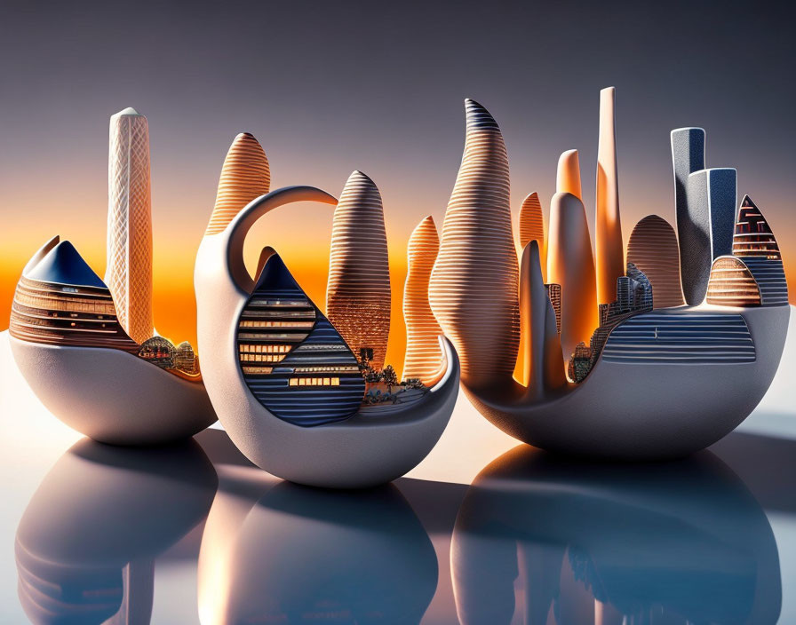 Cityscape Ceramic Vases Against Sunset Skyline