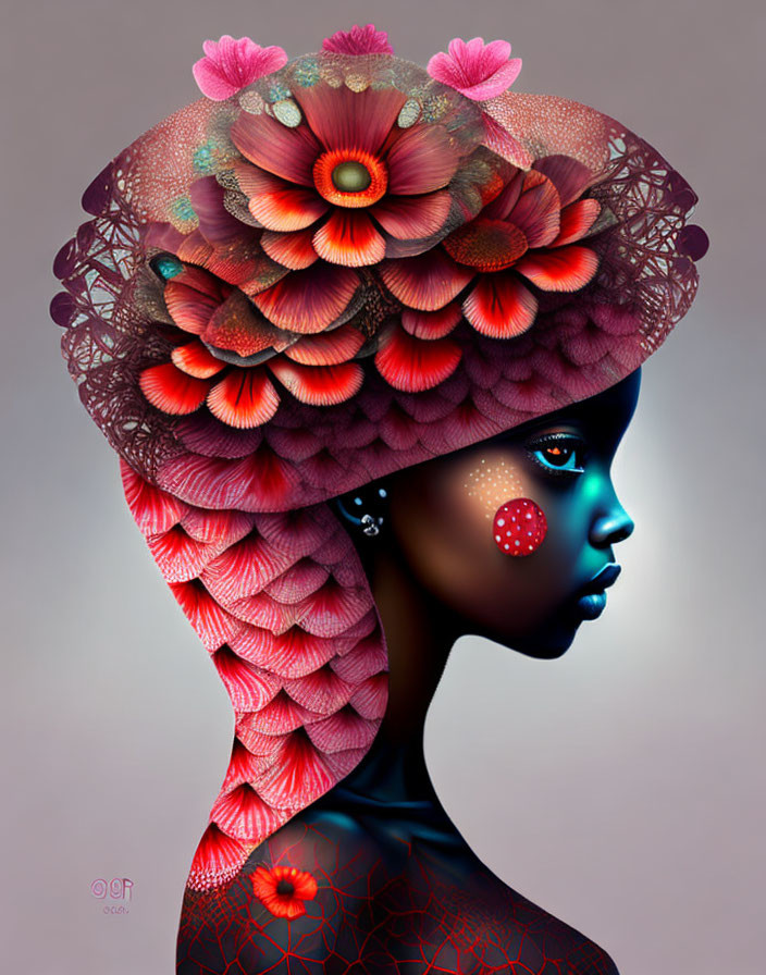 Stylized digital artwork of female profile with blue skin and floral headdress