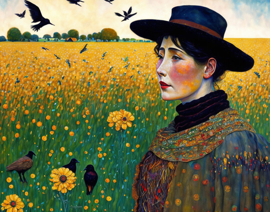 Woman in Hat Surrounded by Crows in Yellow Flower Field