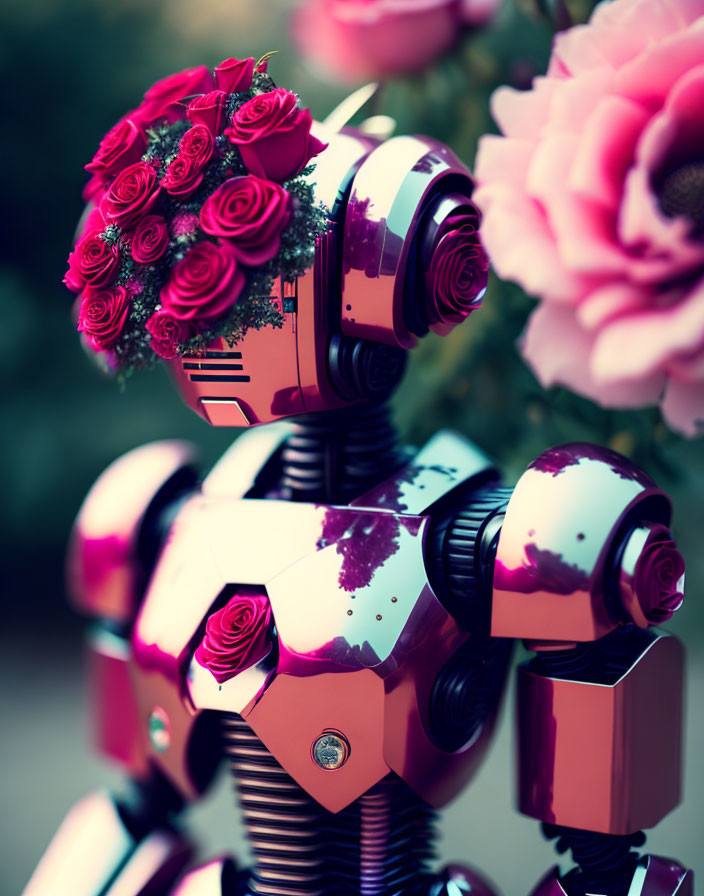 Robot with Red Rose Bouquet Head in Pink and Burgundy Flower Scene