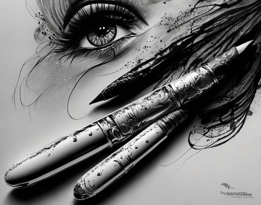 Detailed monochrome eye with ink splashes and fountain pens