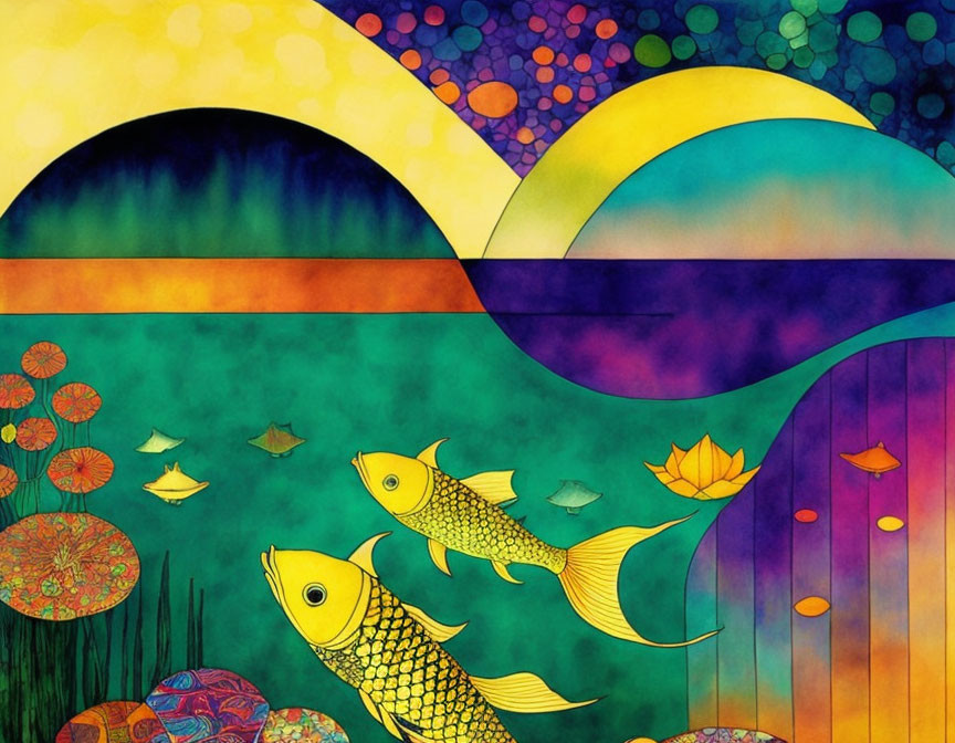 Colorful artistic illustration: Whimsical landscape with golden fish, patterned hills, stylized flora