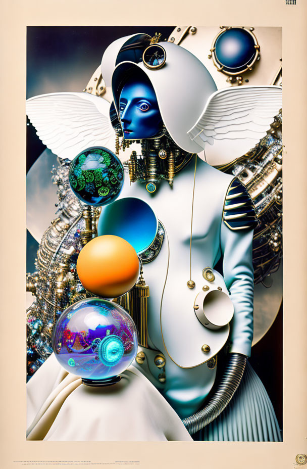 Surreal humanoid figure with wings and orbs in celestial mechanical setting