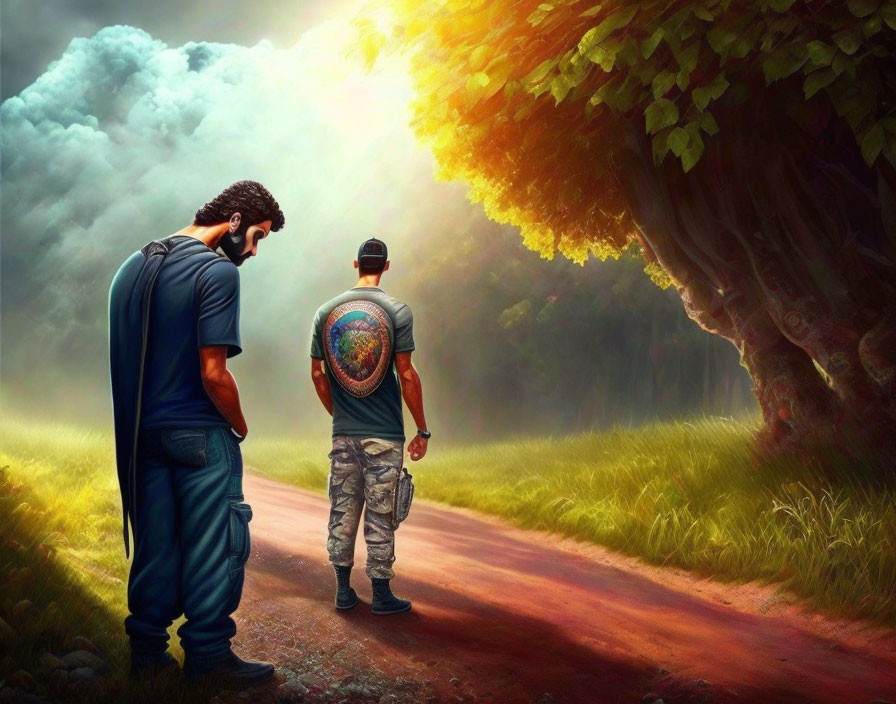 Two Men in Vibrant Shirts Contemplate Path in Dreamlike Landscape