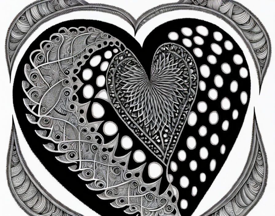 Detailed Black and White Heart Illustration with Intricate Patterns