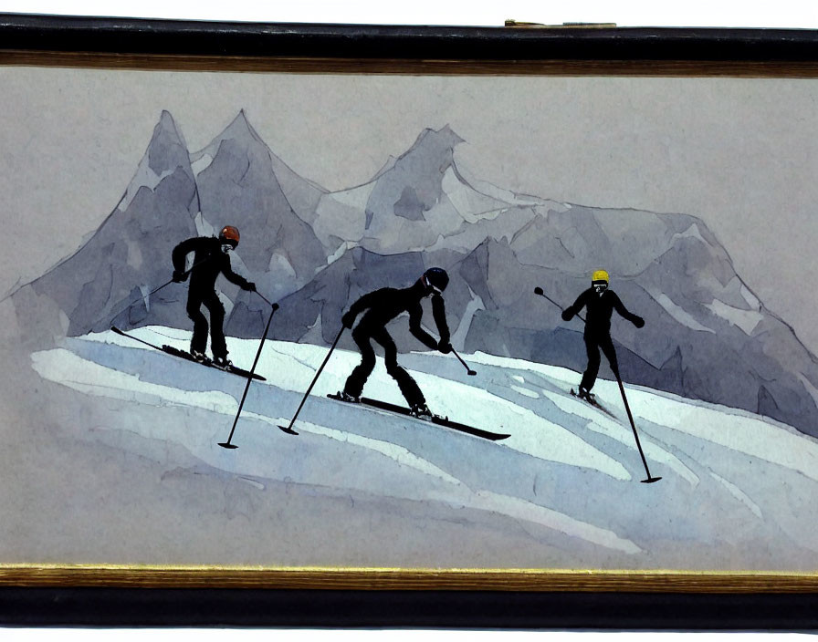 Three skiers on snowy slope in watercolor painting