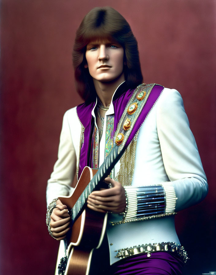 Long-haired person with guitar in white and purple outfit