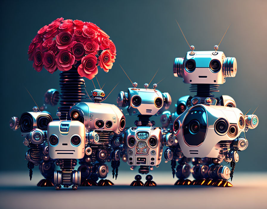 Whimsical robots with camera eyes and floral decorations on soft-focus backdrop