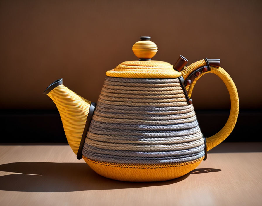 Colorful ribbed teapot with yellow-brown gradient on table against beige background