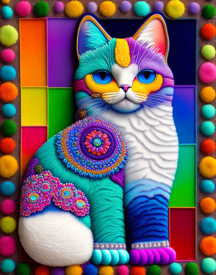 Colorful digital artwork: Multicolored cat with intricate patterns on mosaic background