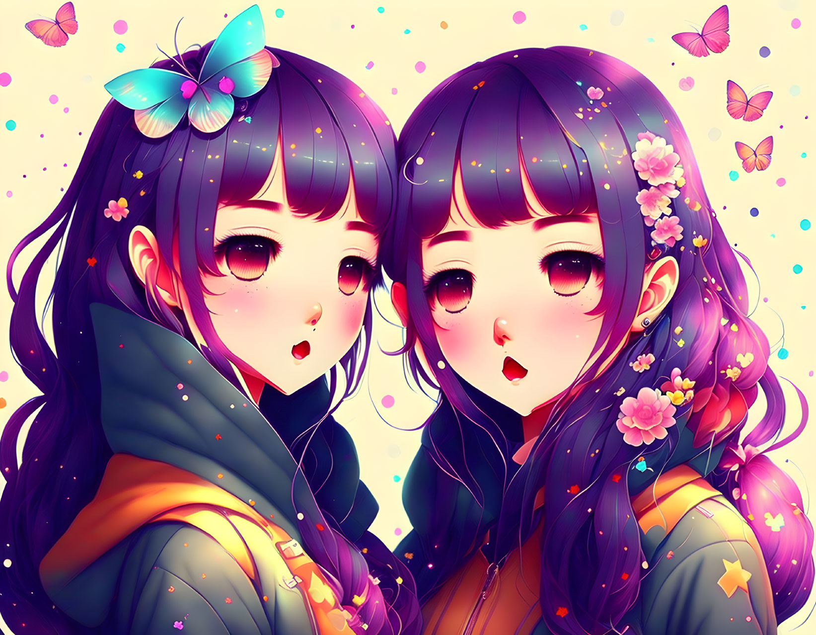 Anime-style girls with flowers and butterflies in colorful coats on pink, starry backdrop