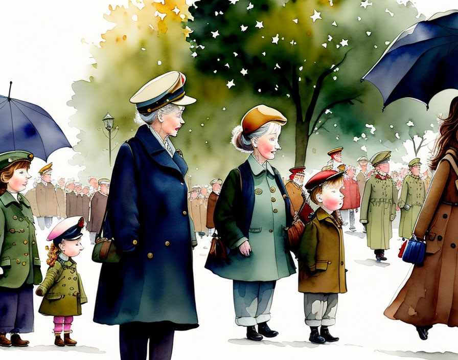 Formal gathering illustration with people in uniform and children mimicking adults at festive event.