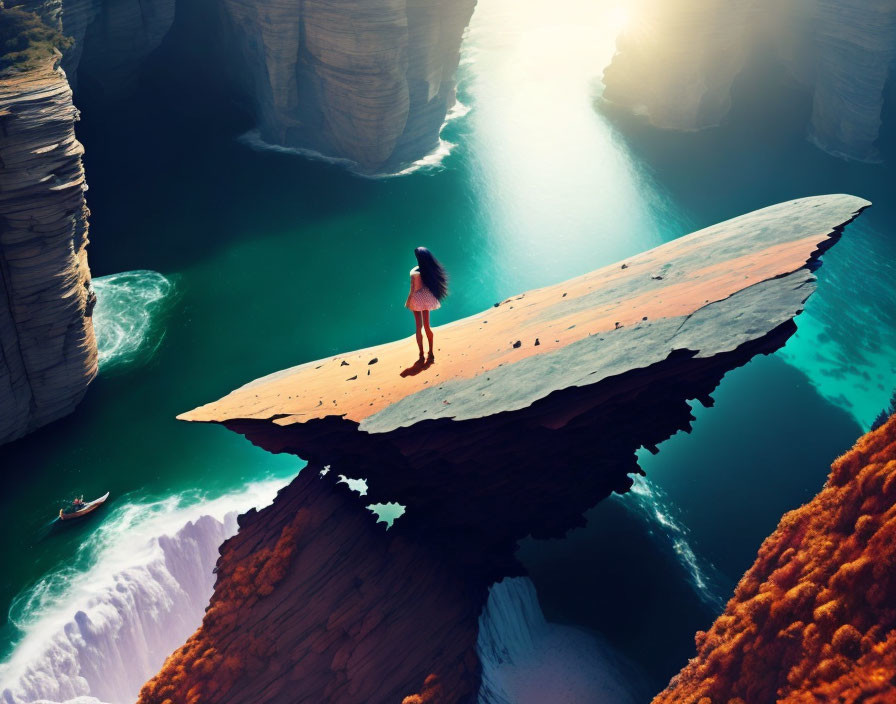 Person standing on overhanging cliff above serene river with boats