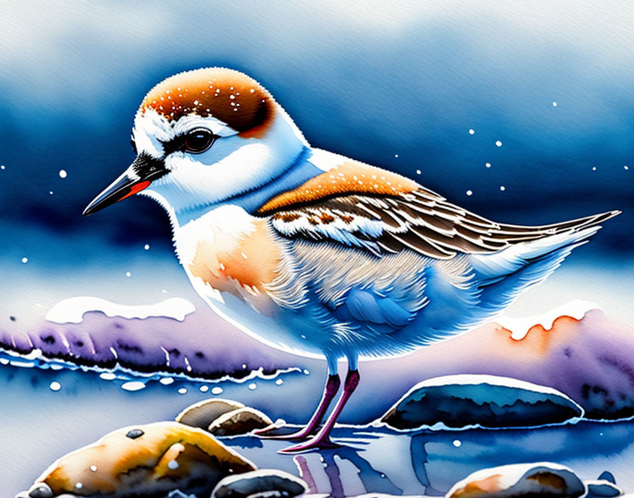 Vibrant sandpiper bird illustration on rocky shoreline