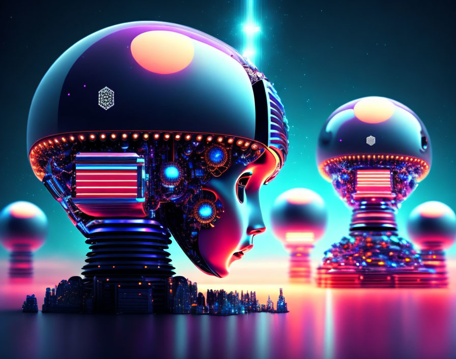 Digital artwork of robotic head with cityscape on neck, neon-lit background.