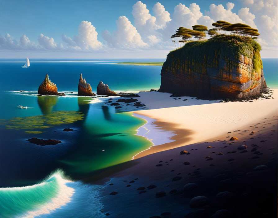 Tranquil beach with lush cliff, unique rock formations, and boats under clear sky