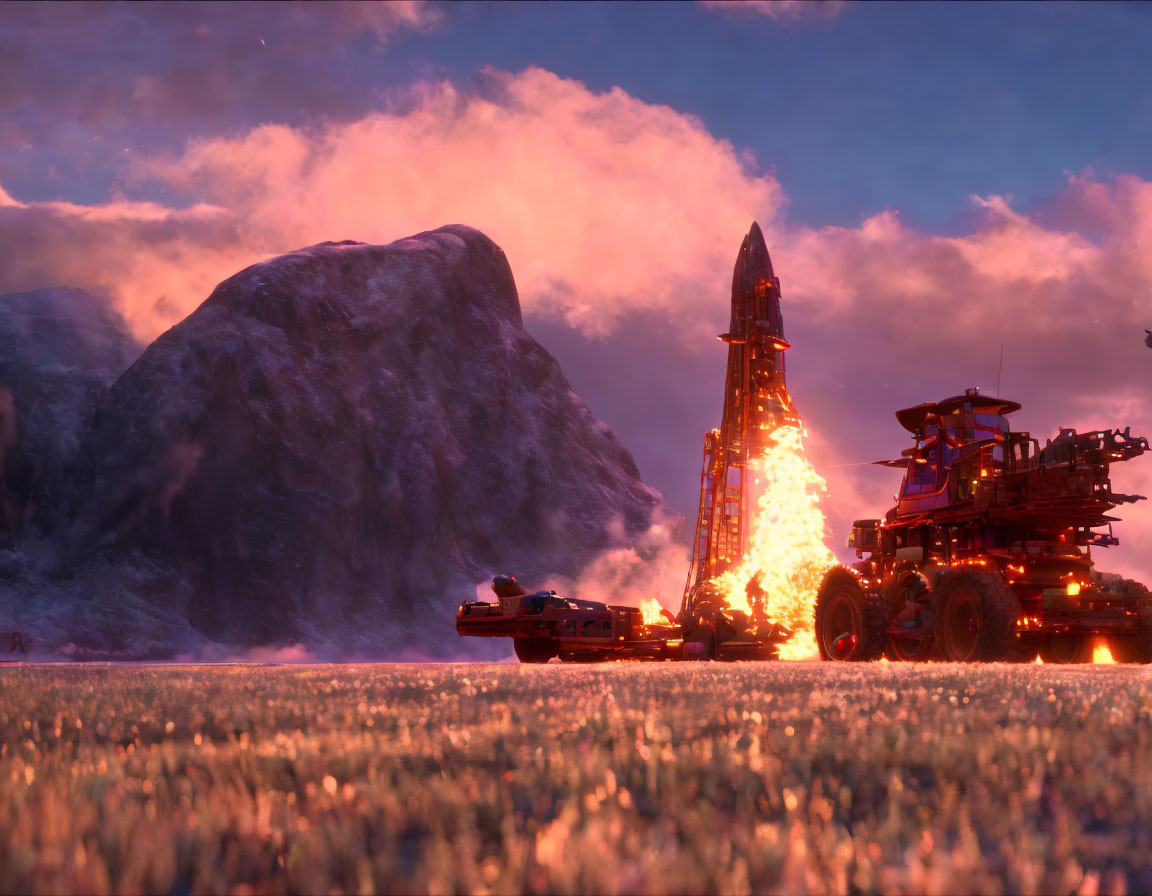 Futuristic rocket launch at dusk with large vehicle on icy landscape