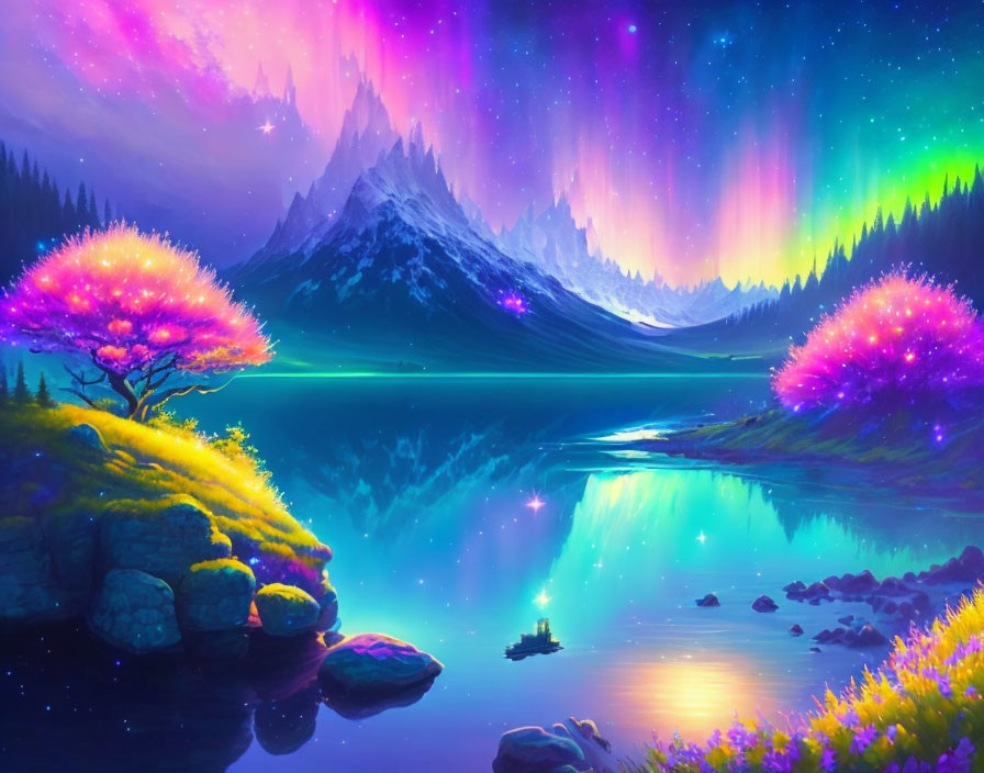 Digital Art: Aurora Sky, Mountain Landscape, Glowing Trees