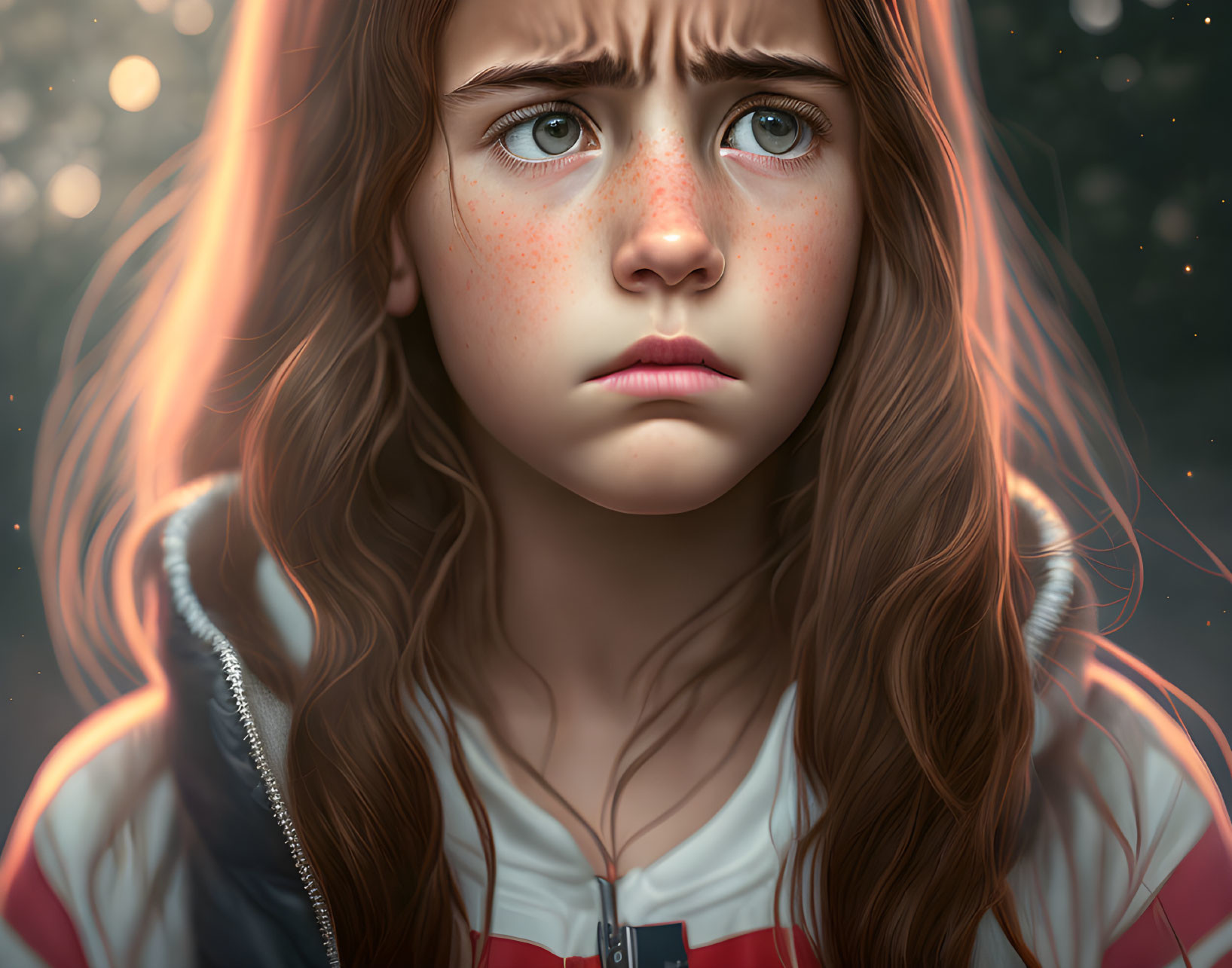 Digital illustration of young girl with worried expression, freckles, brown hair, jacket, bokeh